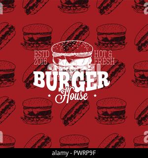 Burger House logo sul modello senza giunture di fast food, illustrazione vettoriale modello per il tuo logo design Illustrazione Vettoriale