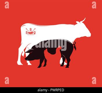 Silhouette di animali da fattoria, tempo di barbecue illustrazione vettoriale modello per il tuo logo design Illustrazione Vettoriale