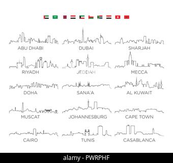 Penisola arabica e Africa skyline city line art, illustrazione vettoriale set di design della città di vettore sagome Illustrazione Vettoriale