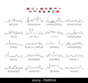 Asia skyline city line art, illustrazione vettoriale set di design della città di vettore sagome Illustrazione Vettoriale