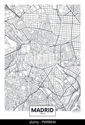 Vettore dettagliata poster mappa della città di Madrid il piano dettagliato della città, fiumi e strade Illustrazione Vettoriale