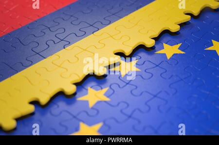 Bandiera della Romania e l'Unione europea sotto forma di pezzi di un puzzle nel concetto di politica e unione economica. Foto Stock