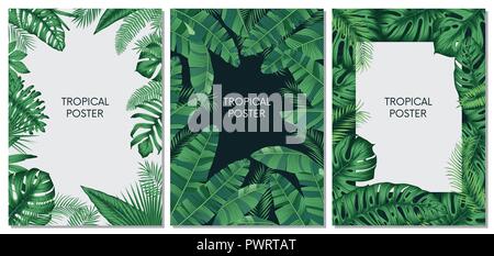 Vettore schede design e banner con foglie esotici tropicali set stampabile modello per il tuo design Illustrazione Vettoriale