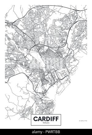 Poster del vettore mappa dettagliata della città di Cardiff il piano dettagliato della città, fiumi e strade Illustrazione Vettoriale