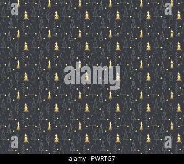 Foresta di Pini, seamless golden background pattern in stile scarabocchio. schizzo alberi. vettore texture della natura Illustrazione Vettoriale
