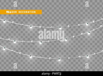 Le decorazioni di Natale, isolato su sfondo trasparente. Bianco luce ghirlande set realistico. Argento decorazioni di Natale. Festosa elemento di design Illustrazione Vettoriale
