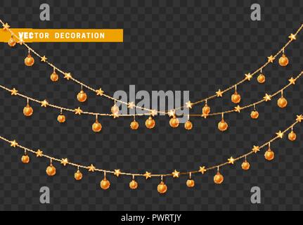 Le decorazioni di Natale isolato su sfondo trasparente. Ghirlande in oro con sfere e stelle realistici set. Golden Xmas decor. Festosa elemento di design Illustrazione Vettoriale