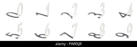 Ombra sfumata cifre 0-9 3D render illustrazione isolati su sfondo bianco Foto Stock