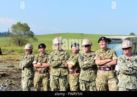 (L-R: Builder classe terza Samantha Kylberg, Sapper Sarah Kerr, Steelworker 3rd Class Amanda Bryla, Lance Cpl. Amanda serratura, Steelworker 1a classe Jeannie Cooper-Nolan, 2° Lt. Maddy Brownlow e builder di terza classe Alexis Franklin) Sappers DAL REGNO UNITO Royal Monmouthshire Royal Engineers (milizia) e Seabees dalla Naval Mobile Battaglione di costruzione 1 pongono di fronte di attrezzature di ingegneria presso il Comune di Centro Nazionale di Allenamento, Cincu, Romania, International per le donne in ingegneria giorno. Essi stanno lavorando insieme a JNTC come parte del castello risoluto 2017. La risoluta Castello è un esercizio st Foto Stock