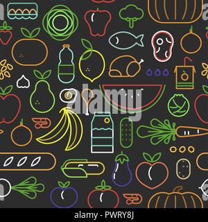 Icona alimentare seamless pattern con contorno colorato stile simboli. Mangiare sano o una nutrizione equilibrata concetto dello sfondo. Comprende frutta e verdura, m Illustrazione Vettoriale