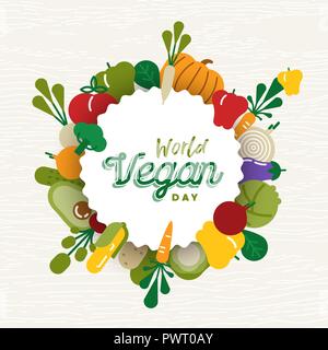 World Vegan Day greeting card illustrazione per cibo organico e una sana dieta con piatti colorati cartoon icone di vegetali. Illustrazione Vettoriale