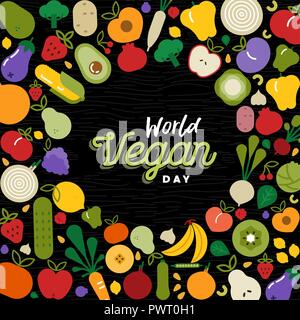 World Vegan Day greeting card con frutta e verdura. Piatto icona del fumetto illustrazione per la sana alimentazione o alimentazione bilanciata concetto. Illustrazione Vettoriale