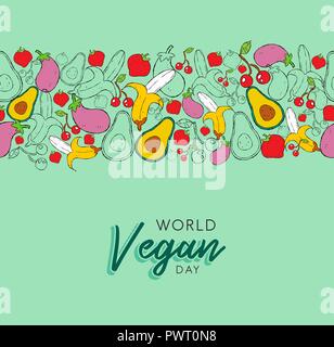 World Vegan day greeting card con sfondo disegnato a mano la frutta e la verdura icone. Mangiare sano o una nutrizione equilibrata concetto dello sfondo. Illustrazione Vettoriale