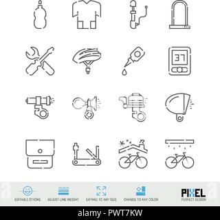 Accessori per biciclette, strumenti, abbigliamento linea del vettore set di icone. Bike Shop, manutenzione simboli lineari. Pixel Design perfetto. Corsa modificabile. Regolare il peso della linea. Espandere in qualsiasi dimensione. Modifica a qualsiasi colore. Illustrazione Vettoriale