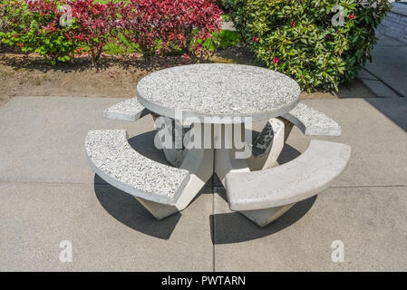 Area ricreativa con tavolo da picnic sulla pavimentazione in cemento in un parco Foto Stock