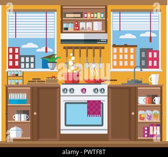 Luminosa e accogliente cucina in toni di colore arancione. Illustrazione Vettoriale, set. Illustrazione Vettoriale