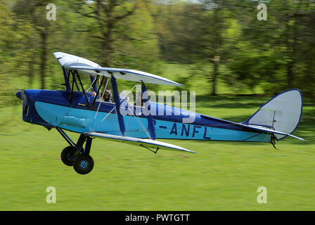 De Havilland DH82A Tiger Moth G-ANFL biplano aereo decolla da campagna aria di erba striscia con alberi. Henham Park nel Suffolk, Regno Unito Foto Stock