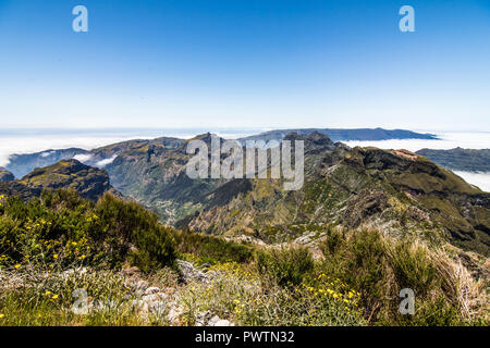 Nuvole e picchi in cima alla montagna più alta dell'isola di Madera - Pico Ruivo, Portogallo Foto Stock