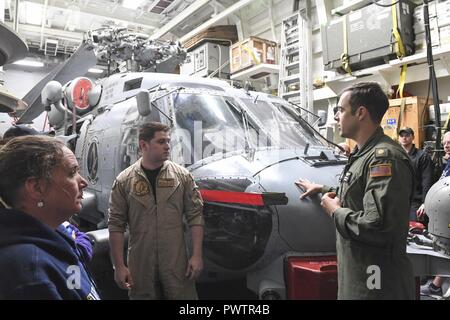 Oceano Pacifico (20 giugno 2017) Lt. La Cmdr. Andrew Poreda, un pilota in carica di elicottero imbarcato Maritime Strike Squadron (HSM) 78, insegna a familiari e amici dei membri dell'equipaggio a bordo Arleigh Burke-class guidato-missile destroyer USS Wayne E. Meyer (DDG 108) circa un MH-60R Sea Hawk elicottero attaccato al HSM-78 durante una tigre cruise tour. Gli Stati Uniti Marina ha pattugliato il Indo-Asia-Pacifico di routine per più di 70 anni regionale di promozione della pace e della sicurezza. ( Foto Stock