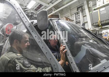 Oceano Pacifico (20 giugno 2017) Lt. La Cmdr. Andrew Poreda, un pilota in carica di elicottero imbarcato Maritime Strike Squadron (HSM) 78, consente agli amici e familiari dei membri dell'equipaggio a bordo Arleigh Burke-class guidato-missile destroyer USS Wayne E. Meyer (DDG 108) per sedersi nella cabina di pilotaggio di un MH-60R Sea Hawk elicottero attaccato al HSM-78 durante una tigre cruise tour. Gli Stati Uniti Marina ha pattugliato il Indo-Asia-Pacifico di routine per più di 70 anni regionale di promozione della pace e della sicurezza. ( Foto Stock