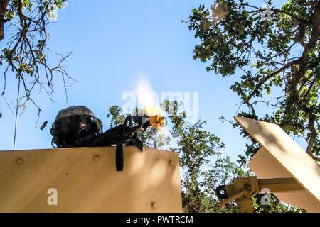 Stati Uniti La riserva di esercito Pvt. Sean Moore di 341 militari di polizia, società duecentesimo della Polizia Militare il comando degli incendi il suo fucile dalla torretta di un M1151 HMMWV durante un allenamento situazionale esercizio a Fort Hunter Liggett, California, 18 giugno 2017. Più di 3000 U.S. La riserva di esercito di soldati sono partecipanti alla 84ma la formazione del comando esercizio guerriero (WAREX) 19-17-03 a Fort Hunter Liggett, California; La WAREX è una larga scala di formazione collettiva piattaforma per generare in grado, letale e lottare contro le forze di pronto. Stati Uniti Esercito Foto Stock