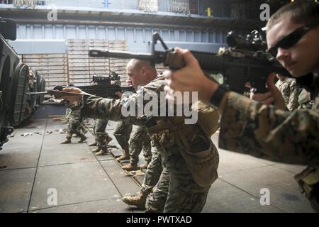 Lancia Cpl. Hayden Grote, sinistra e HM3 Giordania Huff in vista durante la non-live fire Close Quarter tattica della formazione a bordo della USS Ashland (LSD 48) mentre è in corso nell'Oceano Pacifico, 20 giugno 2017. Grote è un fante e Huff è un ospedale corpsman, entrambi con India Company, battaglione atterraggio squadra, 3° Battaglione, 5 Marines, 31 Marine Expeditionary Unit. Marines con India Company treno regolarmente per migliorare la loro comprensione e capacità in combattimento a Close Quarters India Company, il raid meccanizzata company per la trentunesima MEU, specializzata in sbarchi anfibio in assalto anfibio della V Foto Stock