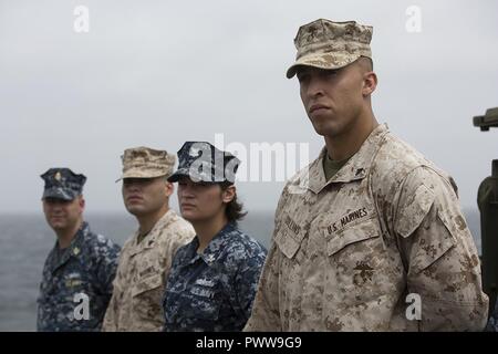 Mare Arabico (Luglio 1, 2017) Marines e marinai stand ad attenzione durante un giorno indipendenti rispetto a bordo della USS Carter Hall (LSD 50), 1 luglio 2017. Ventiquattresimo Marine Expeditionary Unit è attualmente distribuito negli Stati Uniti Quinta Flotta area di operazioni a sostegno della sicurezza marittima operazioni destinate a rassicurare gli alleati e partner e preservare la libertà di navigazione e il libero flusso di commercio nella regione. Foto Stock