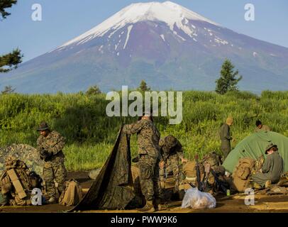 Stati Uniti Marines attaccato a Marina Wing Support Squadron (MWSS) 171, basata al di fuori del Marine Corps Air Station Iwakuni, abbattere le loro tende durante l'esercizio Eagle ira 2017 a bracci combinato Training Center Camp Fuji, Giappone, 19 giugno 2017. In avanti le basi operative e di armamento in avanti e punti di rifornimento sono state stabilite durante le due settimane di esercizio per i Marines per fornire esplosivi, armi, carburante, di sicurezza, di logistica e di personale per una linea di avanzamento di le truppe e i velivoli. Foto Stock