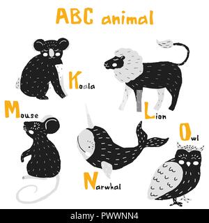 Vettore disegnati a mano carino alfabeto abc degli animali design scandinavo,lion,mouse,narwhal, dinosaur,owl Illustrazione Vettoriale