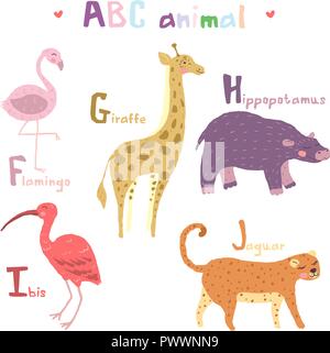Vettore disegnati a mano carino alfabeto abc degli animali design scandinavo, flamingo, giraffe, hippopotamusl, ibis, jaguar Illustrazione Vettoriale