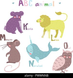 Vettore disegnati a mano carino alfabeto abc degli animali design scandinavo,lion,mouse,narwhal, dinosaur,owl Illustrazione Vettoriale