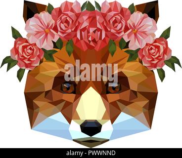 Ritratto di Fox con fiori poligono vettore di stile Illustrazione Vettoriale