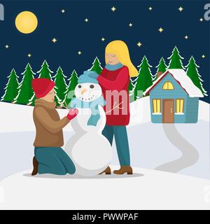 Natale country house. La famiglia fa un pupazzo di neve prima di Natale. Inverno piatta illustrazione vettoriale. Illustrazione Vettoriale