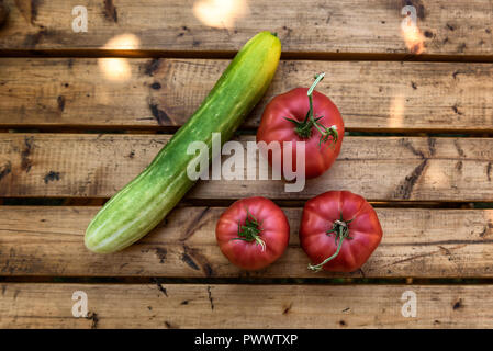 Gli ortaggi biologici da un piccolo giardino su una tavola in legno rustico - Pomodori e cetrioli Foto Stock