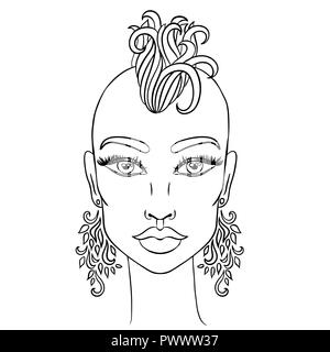 Doodle ragazza con testa rasata e orecchini. Ritratto di donna per adulti libro da colorare. Illustrazione Vettoriale. Illustrazione Vettoriale