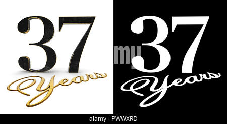 Numero aureo trenta sette (numero 37) e l'iscrizione anni con ombra e canale alfa. 3D'illustrazione. Foto Stock