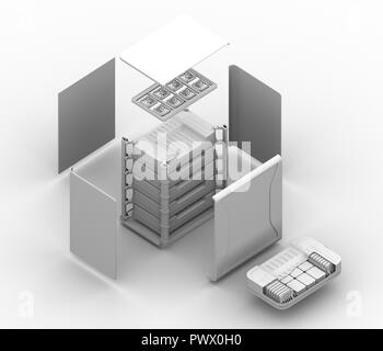 Il rendering di argilla di riutilizzare il veicolo elettrico batterie sistema di componenti. Vista esplosa. EV batterie concetto di riciclo. Il rendering 3D'immagine. Foto Stock