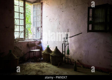 Vista interna della camera con botti da vino in una villa abbandonata in Italia. Foto Stock