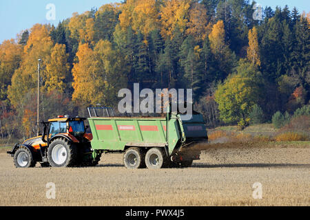 Salo, Finlandia - 14 Ottobre 2018: agricoltore spargimento delle deiezioni animali sul campo di stoppie con trattore Valtra e Bergmann spandiconcime su una bella giornata d'autunno. Foto Stock