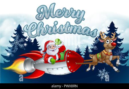 Santa Rocket Sleigh Merry Christmas Background Illustrazione Vettoriale