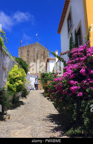 Il Portogallo, Obidos. Tetti e facciate imbiancate della città medievale. Obidos è un eccellente esempio di conservazione e il turismo sostenibile. Foto Stock