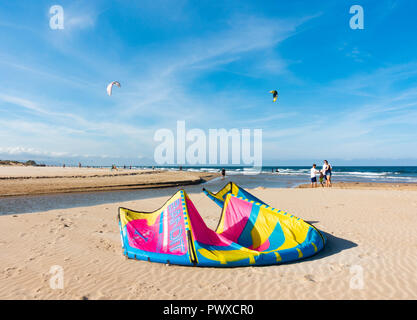 Il kitesurfing sulla spiaggia Rabdells nei pressi di Oliva sulla Costa del Azahar, provincia di Valencia, Spagna Foto Stock