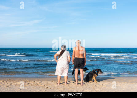 Dog walkers sulla spiaggia. Uomo e donna che guarda a sinistra, cani cercando di destra. Foto Stock