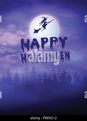 Creepy Halloween foresta con pipistrelli e Luna piena Illustrazione Vettoriale