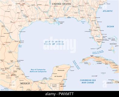 Golfo del Messico road mappa vettoriale. Illustrazione Vettoriale