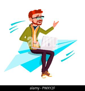 Startup Manager in Business Suit seduta sul piano della carta Flying fino vettore. Illustrazione isolato Illustrazione Vettoriale