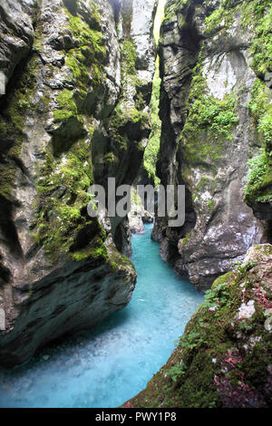 30.05.2018, Slovenia, Tolmin: Vista di Tolmin gorge vicino al villaggio sloveno di Tolmin. Essa appartiene al Parco Nazionale del Tricorno. Citazione da Wikipedia: 'La gola si divide in due parti in corrispondenza di una biforcazione della strada, sulla sinistra si arriva a una roccia, che è coperto con MOSS e una reminiscenza di un barehead e quindi anche chiamato che." a destra della forcella nella strada che conduce al Dante-Hohle, che prende il nome dal poeta e filosofo Dante Alighieri, che avrebbe trovato nella grotta della fonte di ispirazione per la sua Divina Commedia. ' Foto: Daniel Gammert/dpa-Zentralbild/zb | Utilizzo di tutto il mondo Foto Stock