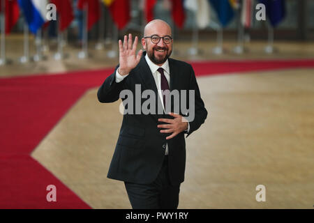 Bruxelles, Belgio. Xviii oct, 2018. Il primo ministro belga Charles Michel arriva in occasione del Consiglio europeo di Bruxelles, Belgio, 18 ottobre 2018. Credito: Zheng Huansong/Xinhua/Alamy Live News Foto Stock