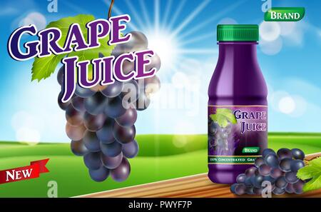 Succo d'uva bottiglia con sfondo bokeh di fondo su un tavolo di legno. Succo di frutta confezione contenitore annuncio. 3d uva realistica rappresentazione di vettore per il tuo design Illustrazione Vettoriale