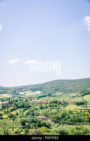 Foto verticale con vista nella campagna toscana. La terra e le colline sono coperte da alberi di olivo e di altre piante con foglie verdi. Il cielo è blu solo con pochi Foto Stock